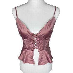 Windsor Mauve Satin Corset Peplum Top Lace Up Front Peplum Camisole Medium NWT